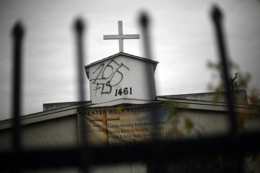 Graffiti is seen on the Greater Holy Faith Baptist Church on 155th Street in Compton in January 2020. (Bob Chamberlin / Los Angeles Times)