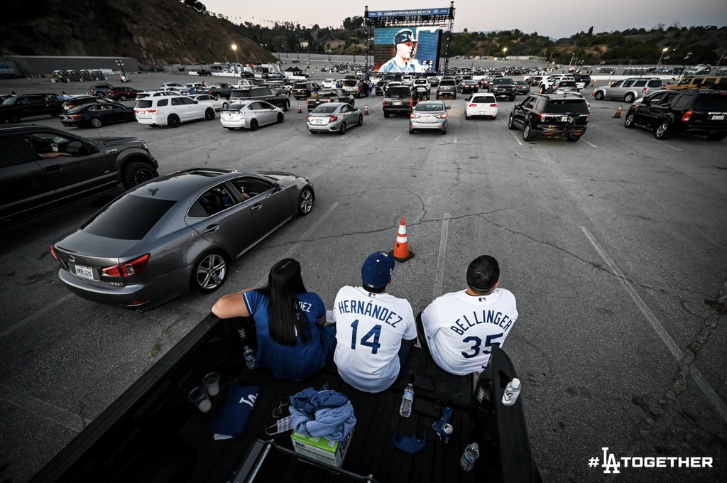 Dodgers fan watch the team's game against the Atlanta Braves from the backseat of a pick-up truck at Dodger Stadium in Elysian Park on Oct. 12, 2020. (Los Angeles Dodgers)