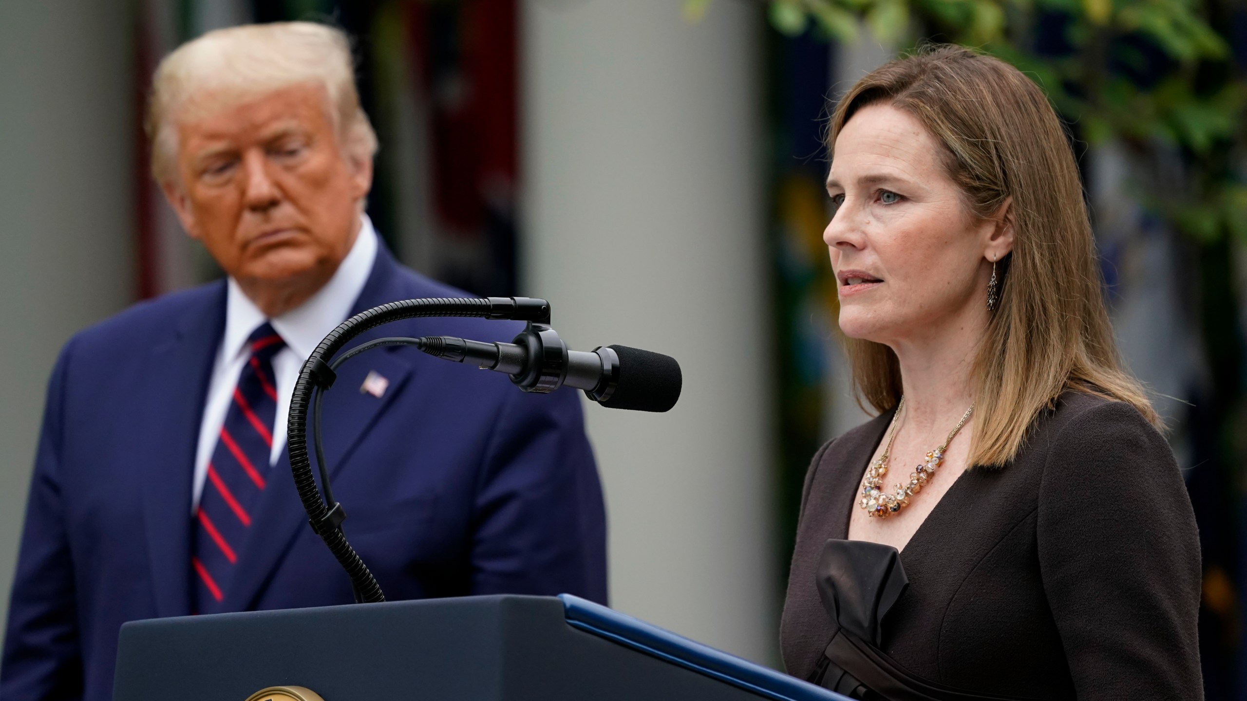 Judge Amy Coney Barrett speaks after President Donald Trump announced her as his nominee to the Supreme Court in the Rose Garden on Sept. 26, 2020. (Alex Brandon/Associated Press)