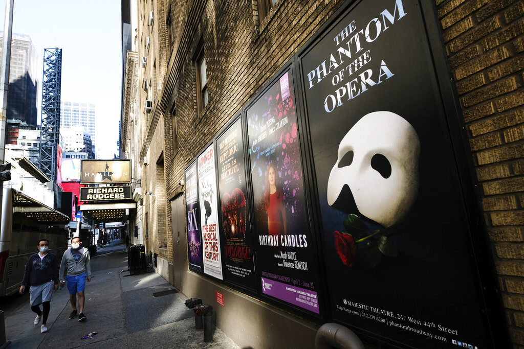 Broadway posters outside the Richard Rodgers Theatre in New York on May 13, 2020. (Evan Agostini/Invision/AP, File)