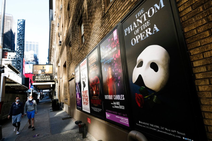 Broadway posters outside the Richard Rodgers Theatre in New York on May 13, 2020. (Evan Agostini/Invision/AP, File)