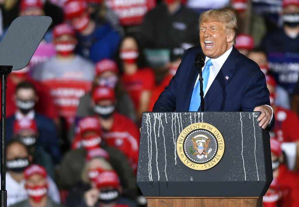 President Donald Trump speaks during a campaign rally at Harrisburg International Airport on Sept. 26, 2020, in Middletown, Pa. (AP Photo/Steve Ruark)