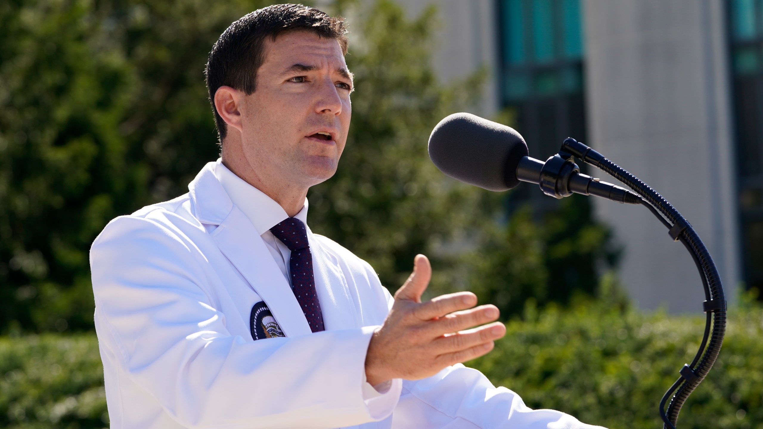 Dr. Sean Conley, physician to President Donald Trump, briefs reporters at Walter Reed National Military Medical Center in Bethesda, Md., Saturday, Oct. 3, 2020. Trump was admitted to the hospital after contracting the coronavirus. (AP Photo/Susan Walsh)