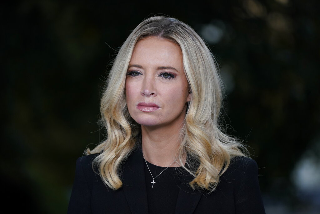 White House press secretary Kayleigh McEnany, is interviewed by Fox News, Sunday, Oct. 4, 2020, at the White House in Washington. (AP Photo/Jacquelyn Martin)