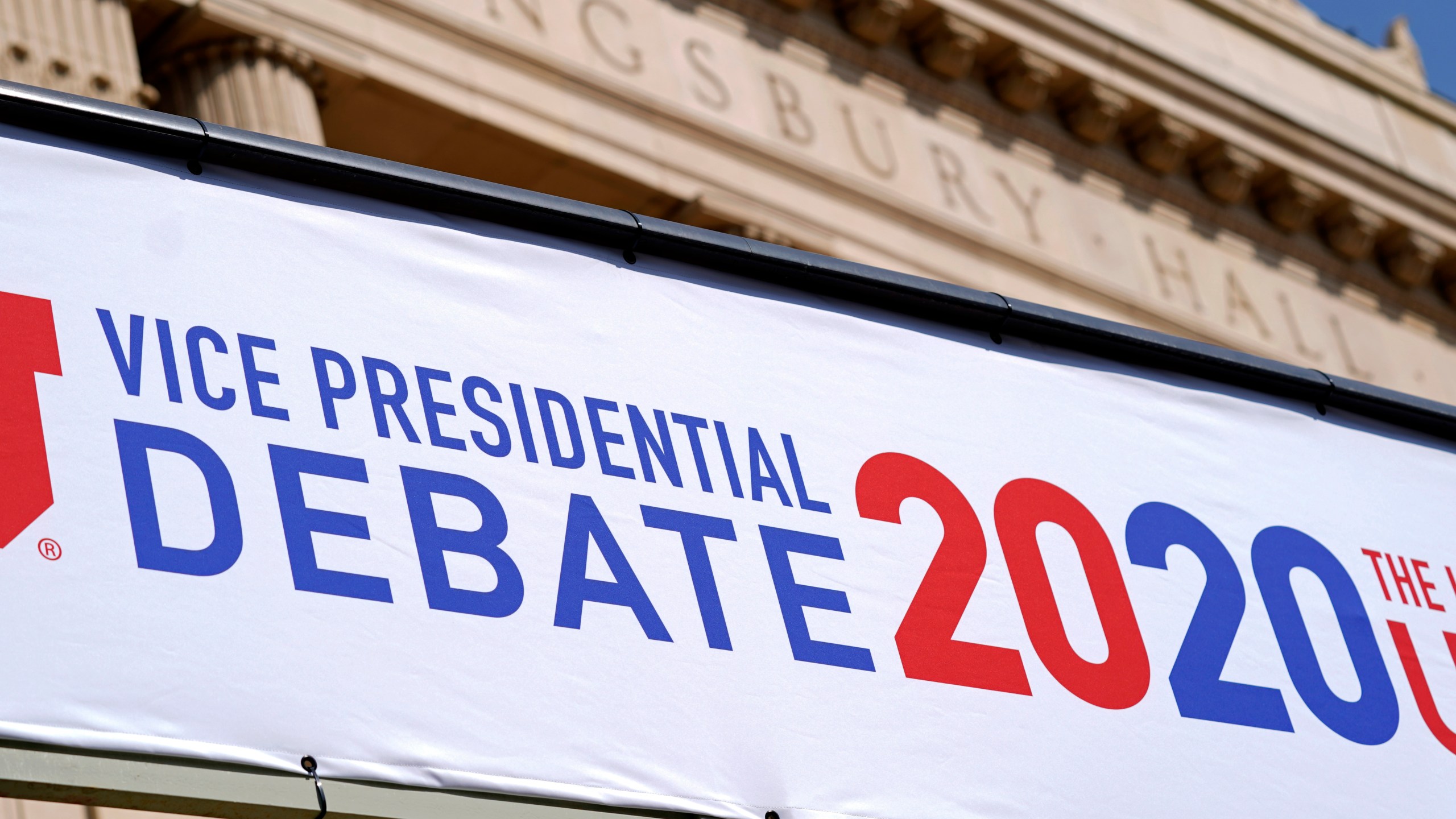 Preparations take place for the vice presidential debate outside Kingsbury Hall at the University of Utah, Monday, Oct. 5, 2020, in Salt Lake City. (AP Photo/Patrick Semansky)