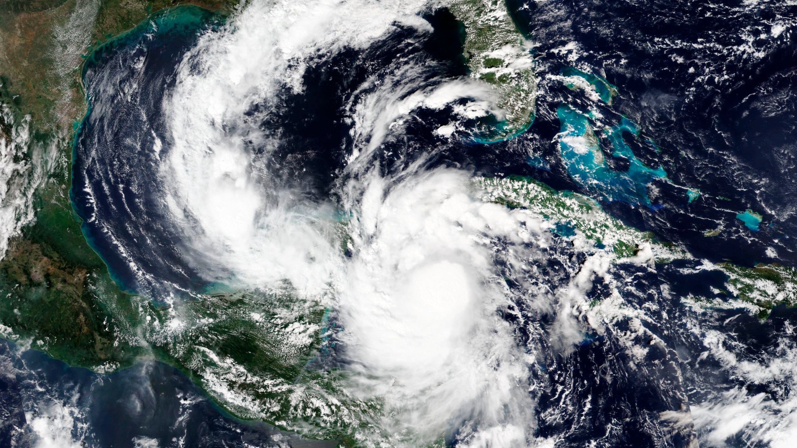 A satellite image from Oct. 6, 2020, released by NASA shows a strengthening Hurricane Delta. (NASA via AP)