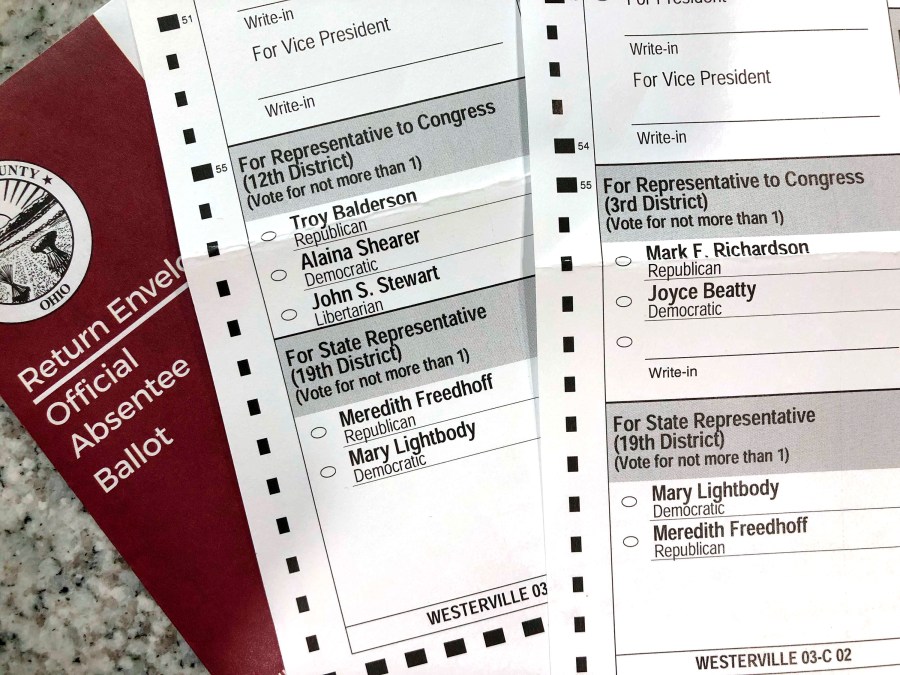 This photo made on Oct. 6, 2020, in Westerville, Ohio, shows Ohio absentee ballots. Two voters registered at the same address in the Columbus suburb of Westerville, Ohio, were mailed these differing absentee ballots for the 2020 general election, with one of the ballots listing candidates from a different congressional district. (AP Photo/Kantele Franko)