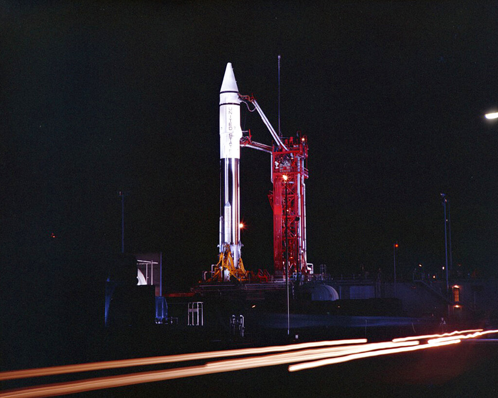 This Sept. 20, 1966 photo provided by the San Diego Air and Space Museum shows an Atlas Centaur 7 rocket on the launchpad at Cape Canaveral, Fla. NASA's leading asteroid expert, Paul Chodas, speculates that asteroid 2020 SO, as it is formally known, is actually a Centaur upper rocket stage that propelled NASA’s Surveyor 2 lander to the moon in 1966 before it was discarded. (Convair/General Dynamics Astronautics Atlas Negative Collection/San Diego Air and Space Museum via AP)