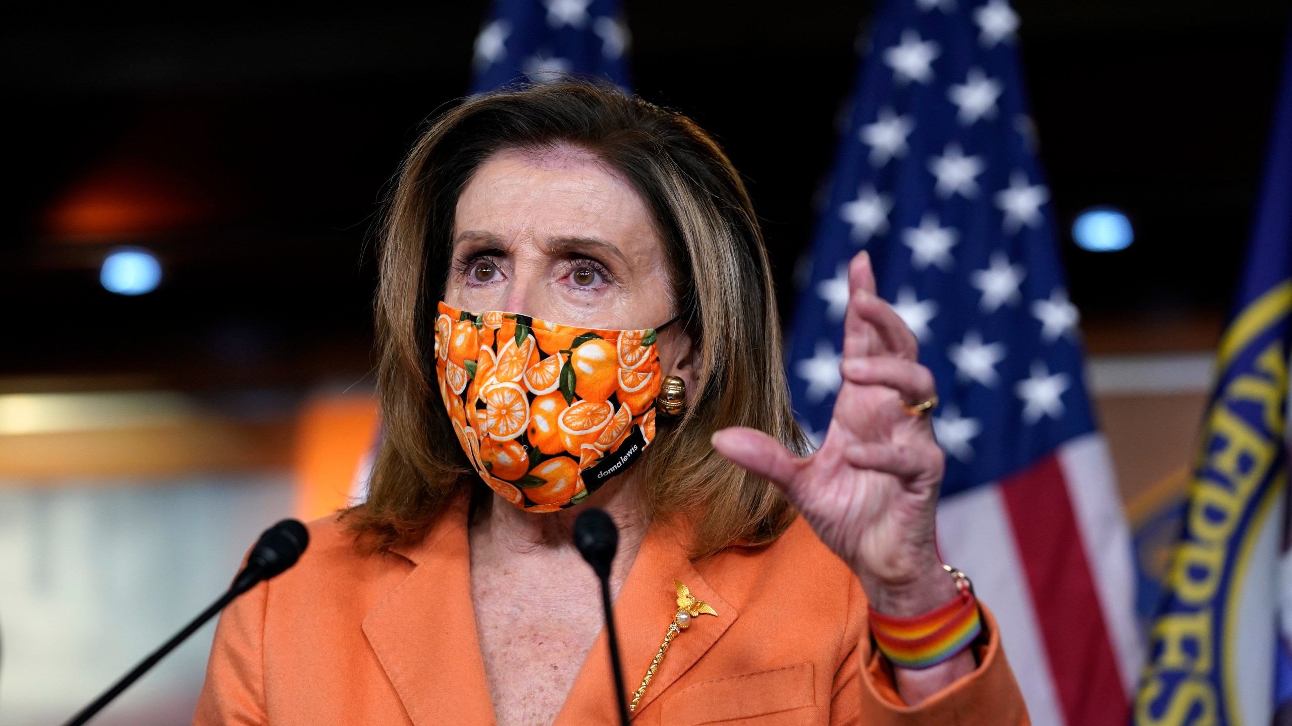 Speaker of the House Nancy Pelosi, D-Calif., meets with reporters at the Capitol in Washington, Thursday, Oct. 8, 2020. (AP Photo/J. Scott Applewhite)