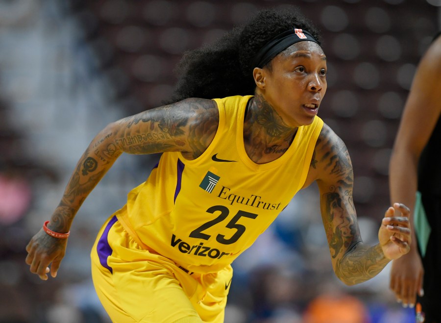 In this May 8, 2018, file photo, Los Angeles Sparks' Cappie Pondexter plays during a preseason basketball game in Uncasville, Conn. (AP Photo/Jessica Hill, File)