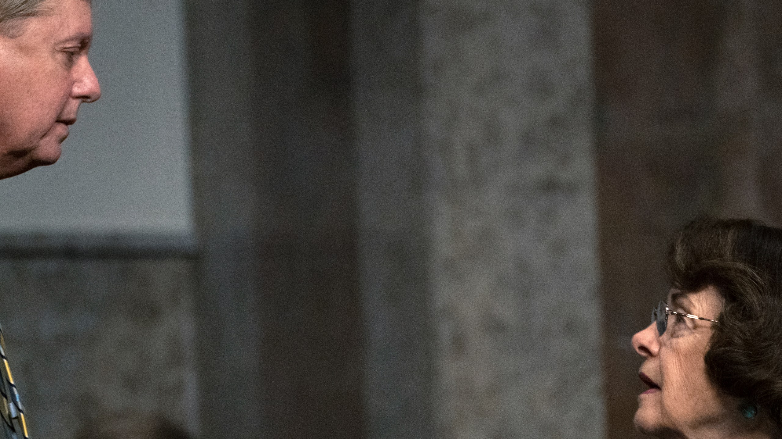 In this Aug. 5, 2020, file photo Senate Judiciary Committee chairman Sen. Lindsey Graham, R-S.C., left, speaks with ranking member Sen. Dianne Feinstein, D-Calif., during a Senate Judiciary Committee oversight hearing on Capitol Hill in Washington. (AP Photo/Carolyn Kaster, Pool, File)