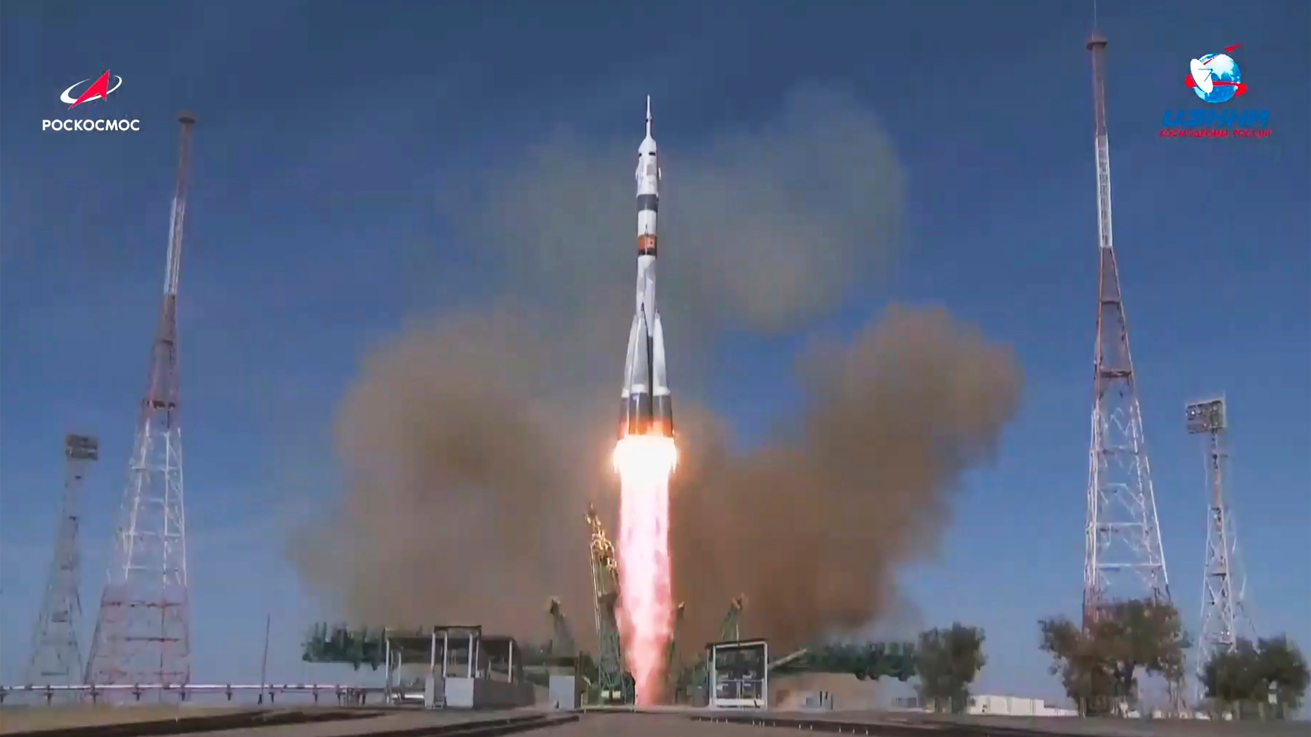 In this image made from video footage released by Roscosmos Space Agency, the Soyuz-2.1a rocket booster with Soyuz MS-17 space ship carrying a new crew to the International Space Station (ISS), blasts off at the Russian leased Baikonur cosmodrome, Kazakhstan, Wednesday, Oct. 14, 2020. (Roscosmos Space Agency via AP)