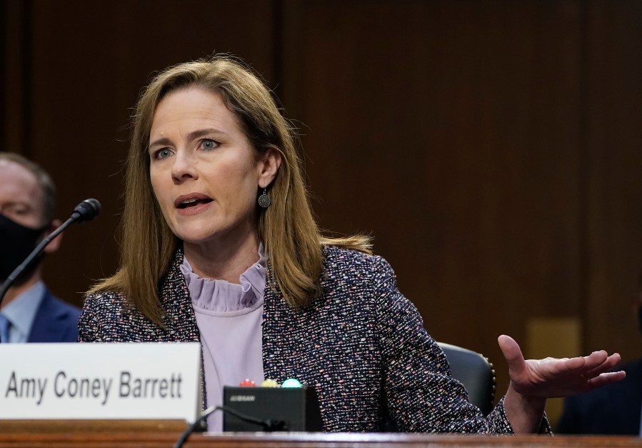 Supreme Court nominee Amy Coney Barrett testifies before the Senate Judiciary Committee during the third day of her confirmation hearings on Capitol Hill in Washington on Oct. 14, 2020. (Drew Angerer/Pool via AP)