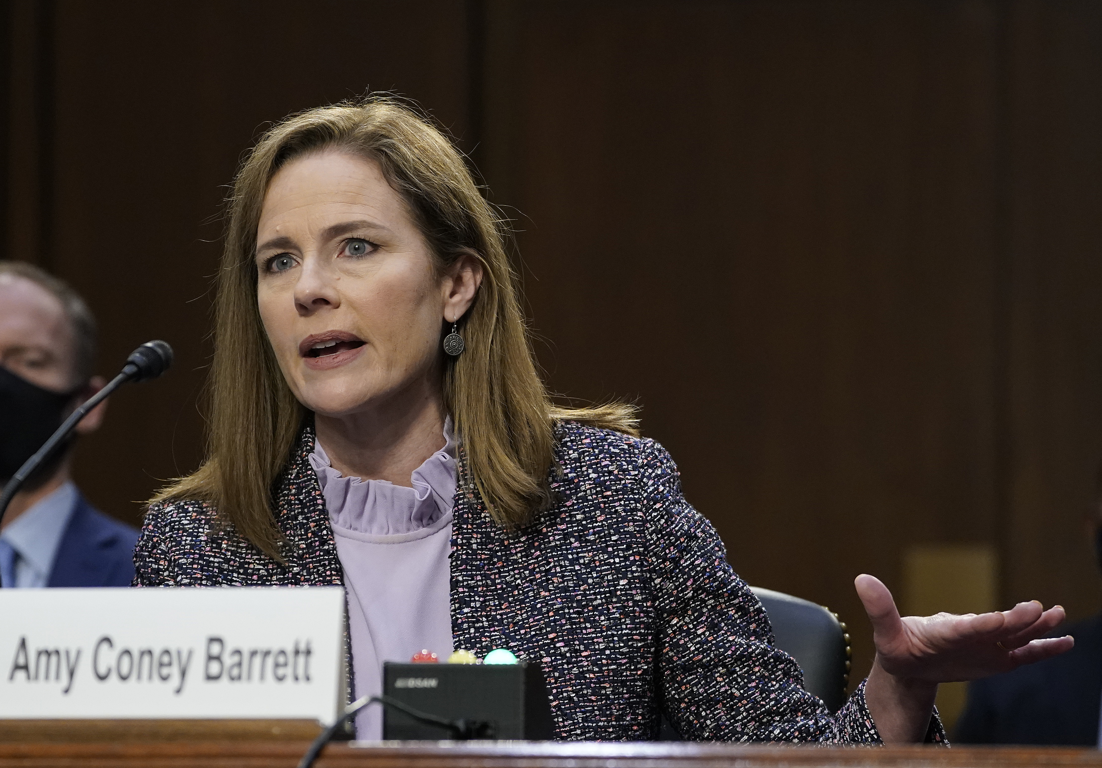 Supreme Court nominee Amy Coney Barrett testifies before the Senate Judiciary Committee during the third day of her confirmation hearings on Capitol Hill in Washington, Wednesday, Oct. 14, 2020. (Drew Angerer/Pool via AP)