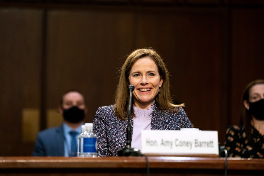 Supreme Court nominee Amy Coney Barrett testifies during the third day of her confirmation hearings before the Senate Judiciary Committee on Capitol Hill in Washington on Oct. 14, 2020. (Anna Moneymaker/The New York Times via AP, Pool)