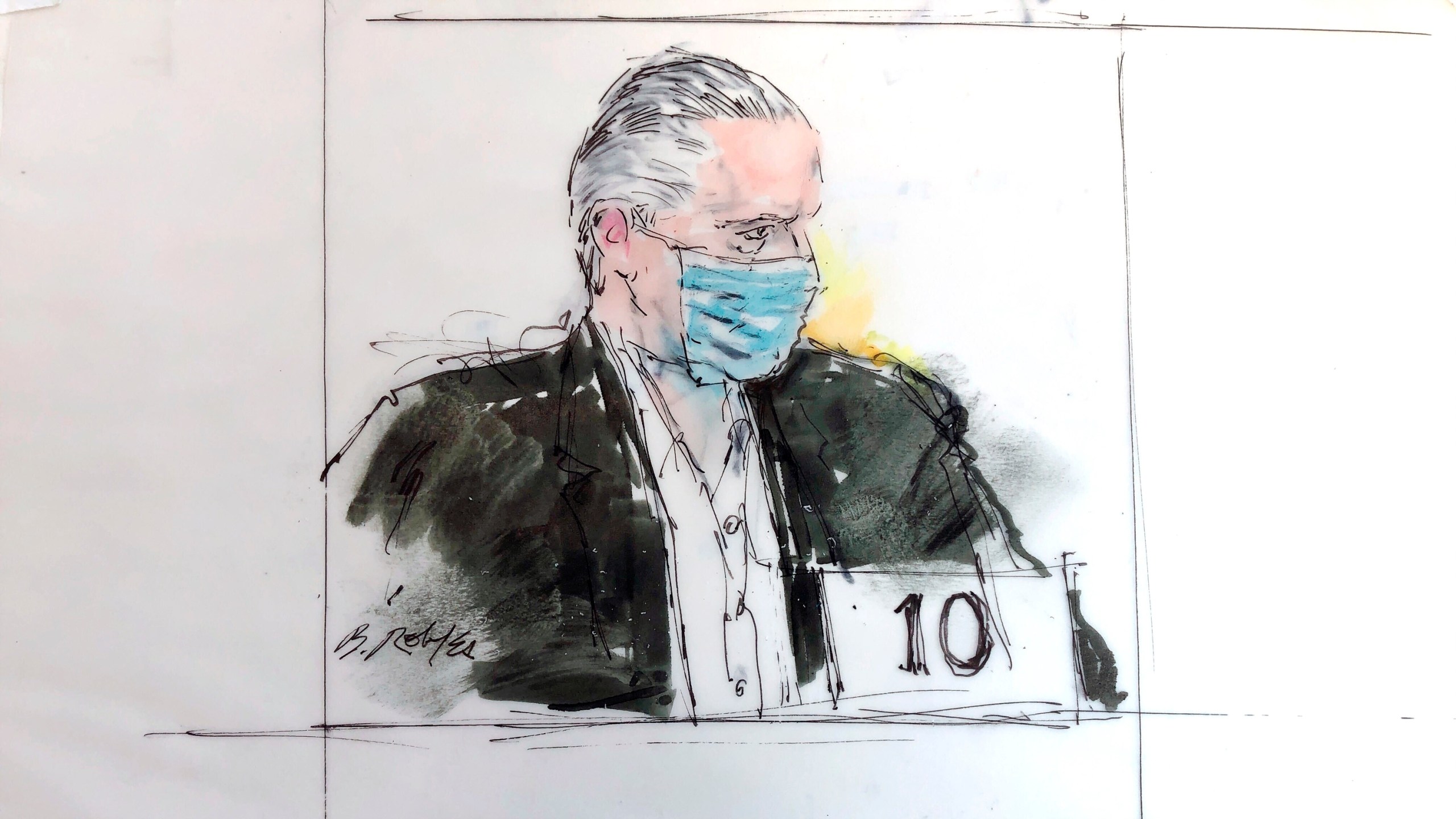 In this court artist sketch, former Mexican defense secretary Gen. Salvador Cienfuegos Zepeda's appears in federal court, Friday, Oct. 16, 2020 in Los Angeles. (Bill Robles via AP).