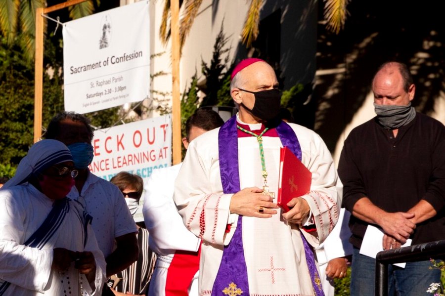 San Francisco's Archbishop Salvatore Cordileone conducts an exorcism on Oct. 17, 2020, outside of Saint Raphael Catholic Church in San Rafael. (Jessica Christian/San Francisco Chronicle via AP)