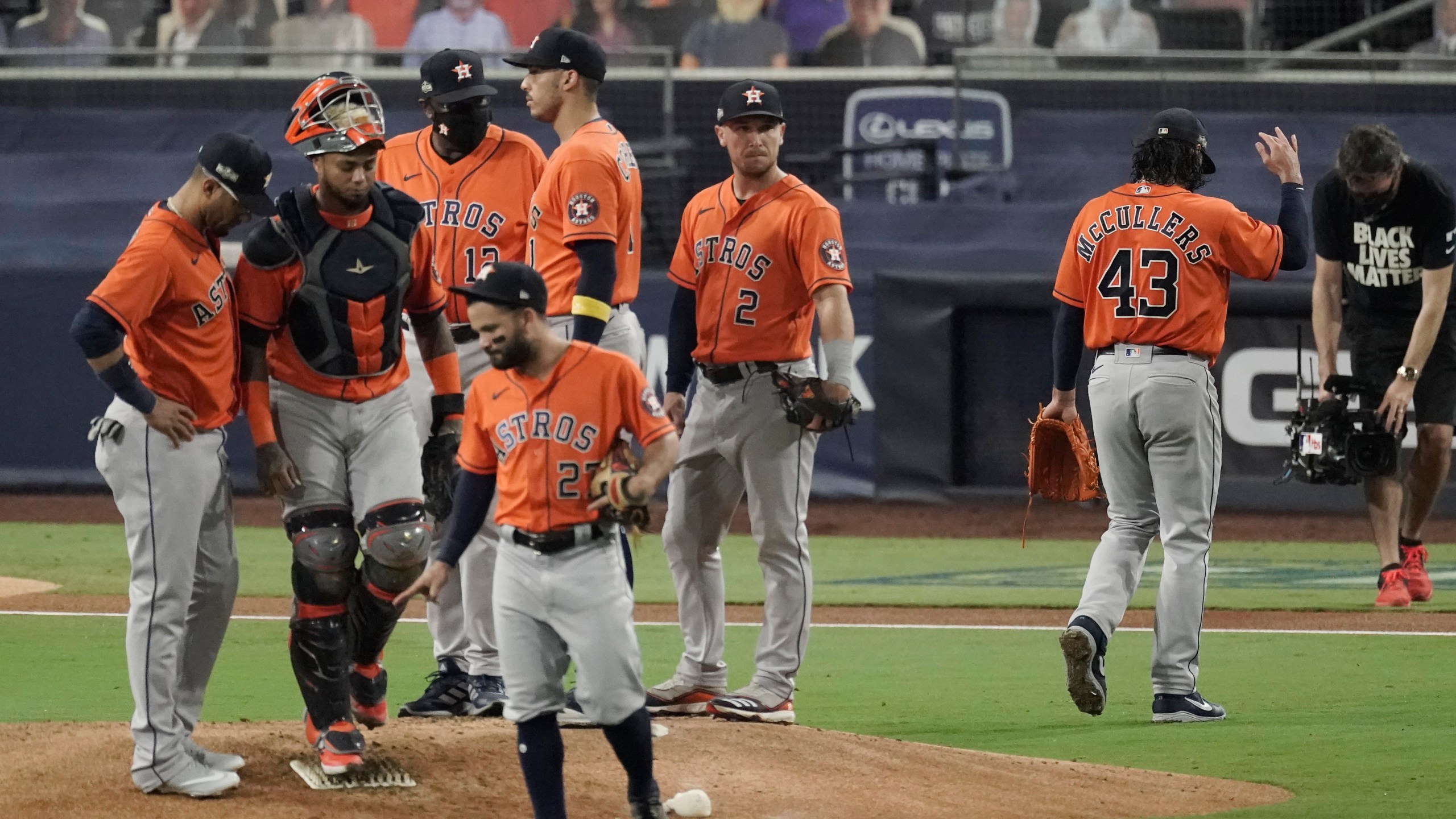 Houston Astros pitcher Lance McCullers Jr. walks off the field after being relieved during the fourth inning in Game 7 of a baseball American League Championship Series against the Tampa Bay Rays, Saturday, Oct. 17, 2020, in San Diego. (AP Photo/Jae C. Hong)