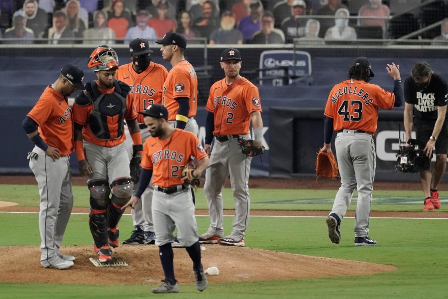 Houston Astros pitcher Lance McCullers Jr. walks off the field after being relieved during the fourth inning in Game 7 of a baseball American League Championship Series against the Tampa Bay Rays, Saturday, Oct. 17, 2020, in San Diego. (AP Photo/Jae C. Hong)