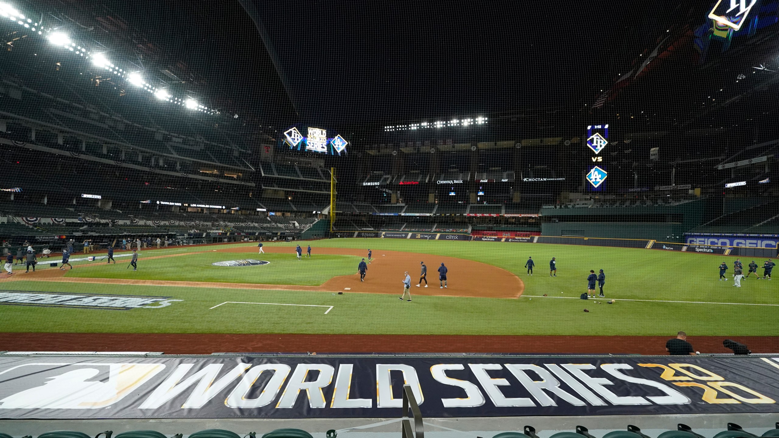 The Tampa Bay Rays practice at Globe Life Field as the team prepares for the baseball World Series against the Los Angeles Dodgers, in Arlington, Texas, Monday, Oct. 19, 2020. (AP Photo/Eric Gay)