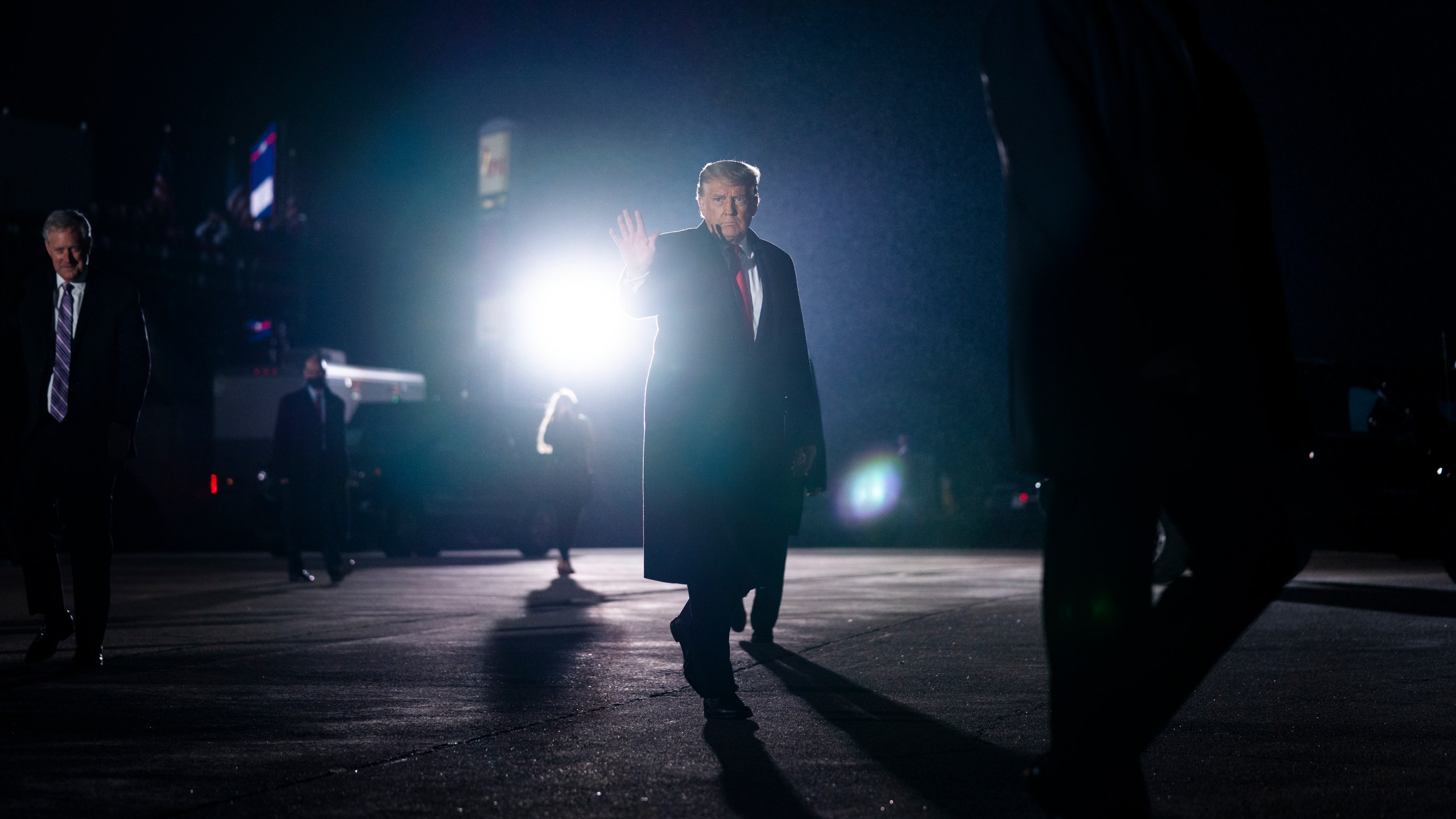 President Donald Trump waves after a campaign rally at Erie International Airport, Tom Ridge Field, Tuesday, Oct. 20, 2020, in Erie, Pa. (Evan Vucci/AP Photo)