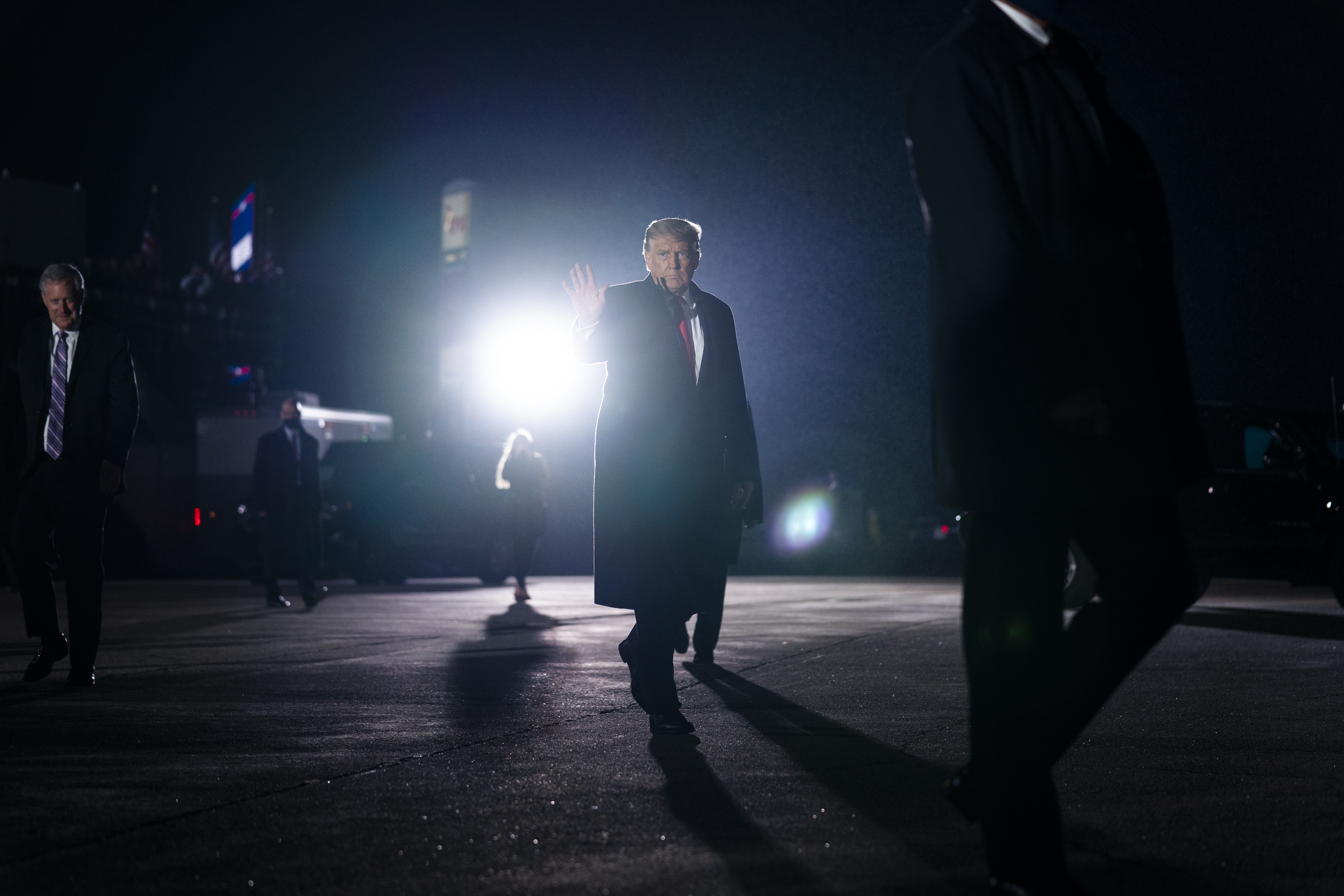 President Donald Trump waves after a campaign rally at Erie International Airport, Tom Ridge Field, Tuesday, Oct. 20, 2020, in Erie, Pa. (Evan Vucci/AP Photo)