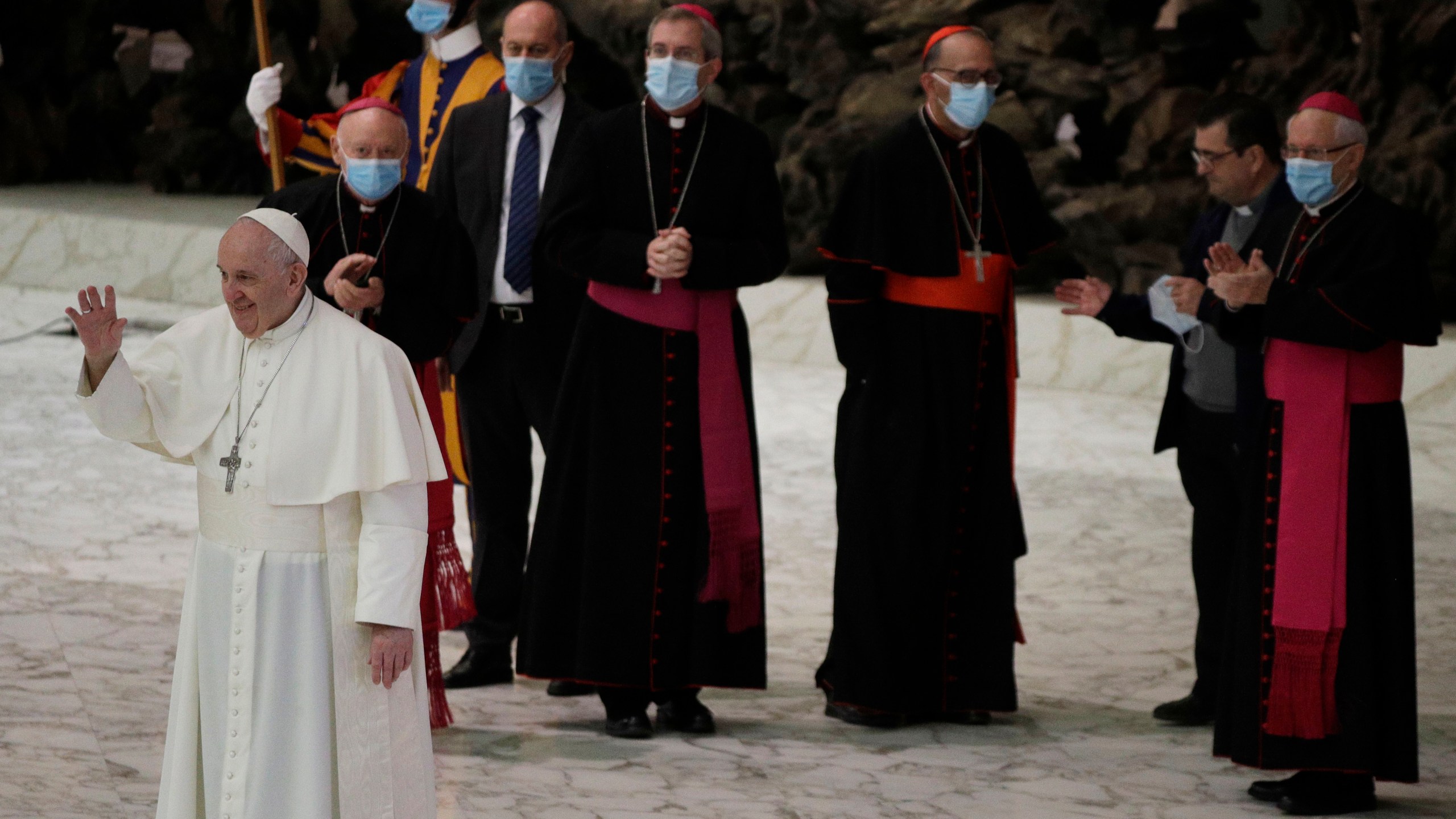 Pope Francis waves to faithful at the end of the weekly general audience in the Paul VI hall at the Vatican, Wednesday, Oct. 21, 2020. (Gregorio Borgia/AP)