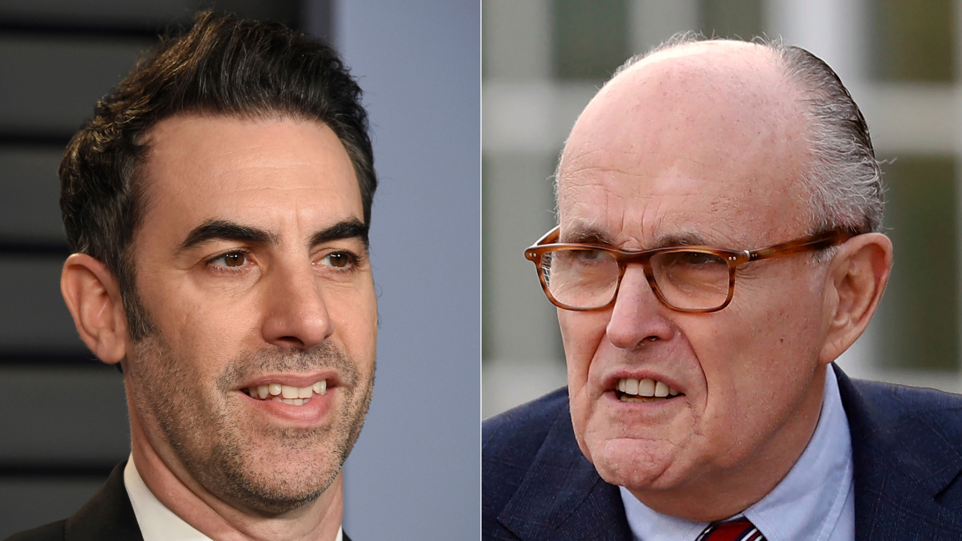 Sacha Baron Cohen arrives at the Vanity Fair Oscar Party in Beverly Hills on March 4, 2018, left, and former New York Mayor Rudy Giuliani at the Trump National Golf Club Bedminster clubhouse in Bedminster, N.J., on Nov. 20, 2016. (Associated Press)