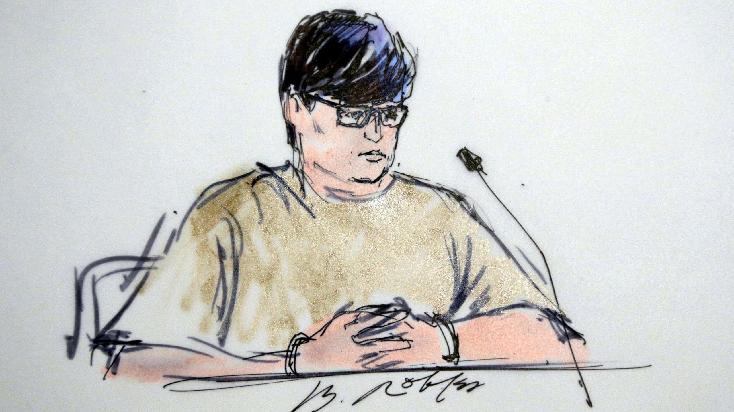 This Dec. 17, 2015 file courtroom sketch shows Enrique Marquez Jr, in federal court in Riverside, Calif. Marquez Jr. who bought two rifles that a husband and wife used to kill 14 people in a California terror attack is expected to be sentenced. He is scheduled to appear in federal court Friday, Oct. 23, 2020 in Riverside. Nearly five years have passed since an acquaintance of Marquez opened fire on a meeting in nearby San Bernardino with weapons Marquez previously bought for him. (Bill Robles via AP, File)