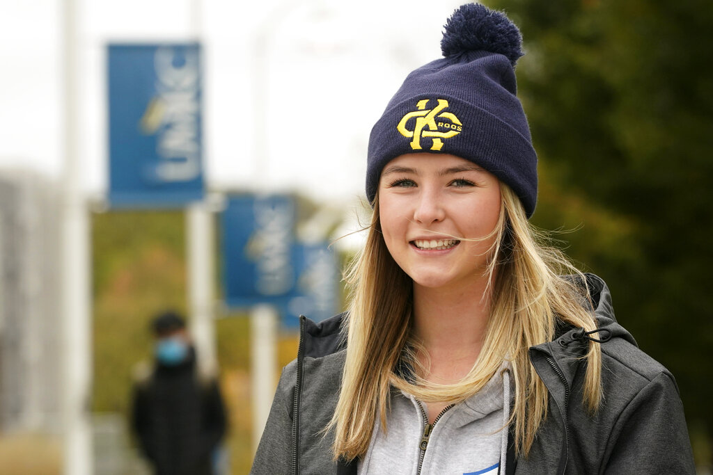 Madison Zurmuehlen poses for a photo on the University of Missouri-Kansas City campus in Kansas City on Oct. 23, 2020. (AP Photo/Orlin Wagner)