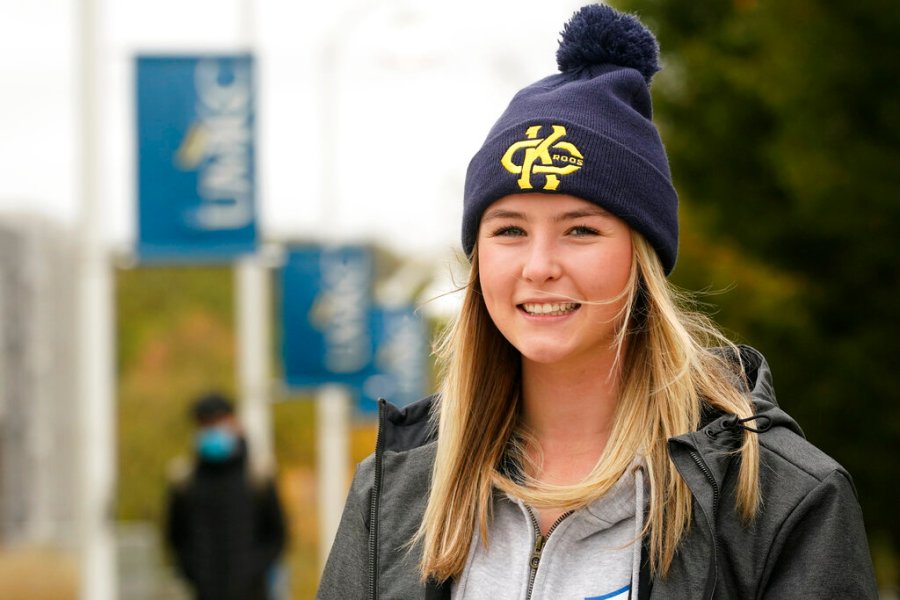 Madison Zurmuehlen poses for a photo on the University of Missouri-Kansas City campus in Kansas City on Oct. 23, 2020. (AP Photo/Orlin Wagner)