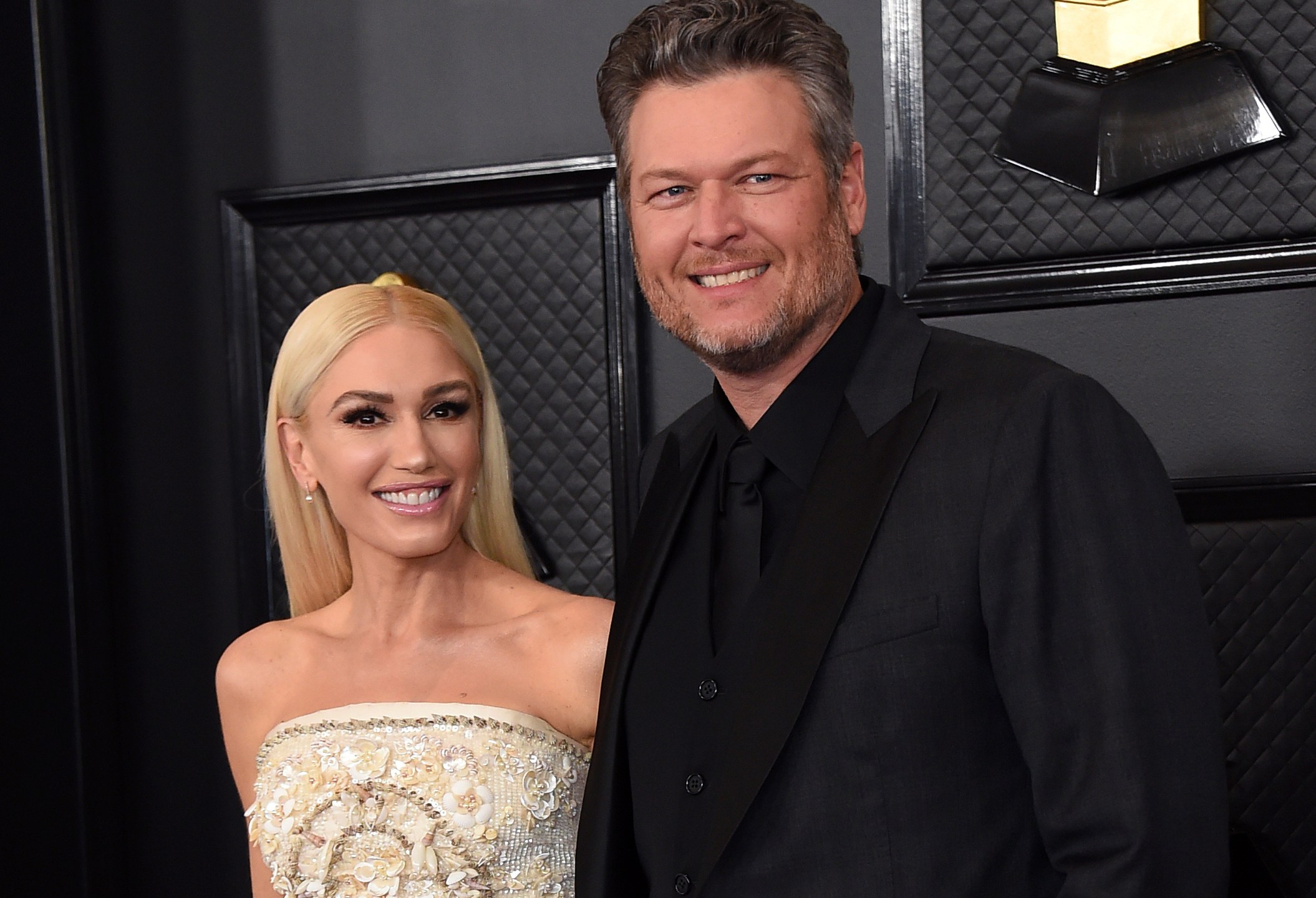 Gwen Stefani, left, and Blake Shelton arrive at the 62nd annual Grammy Awards in Los Angeles on Jan. 26, 2020. (Jordan Strauss/Invision/Associated Press)