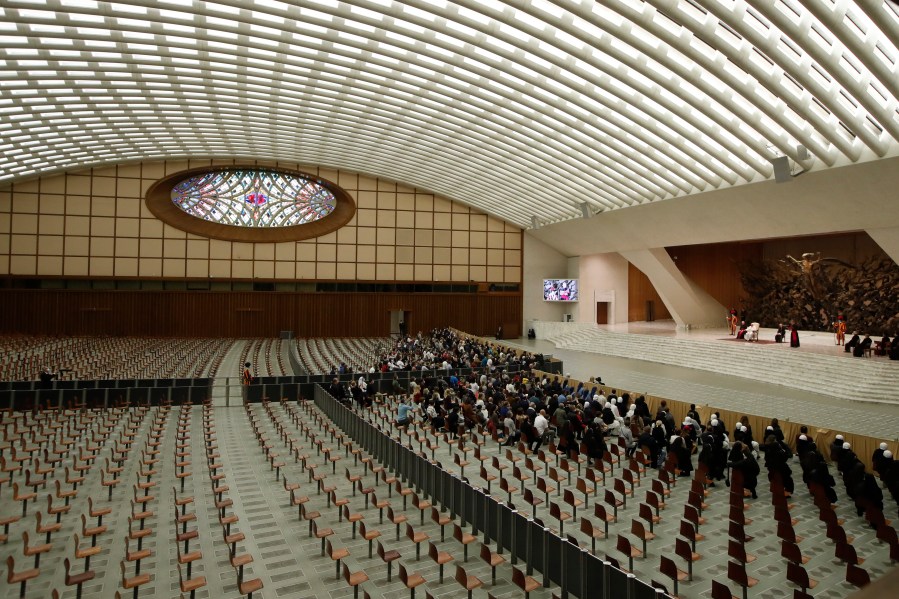 Pope Francis delivers his speech in the Paul VI Hall at the Vatican for his weekly general audience on Oct. 28, 2020. (Alessandra Tarantino/Associated Press)