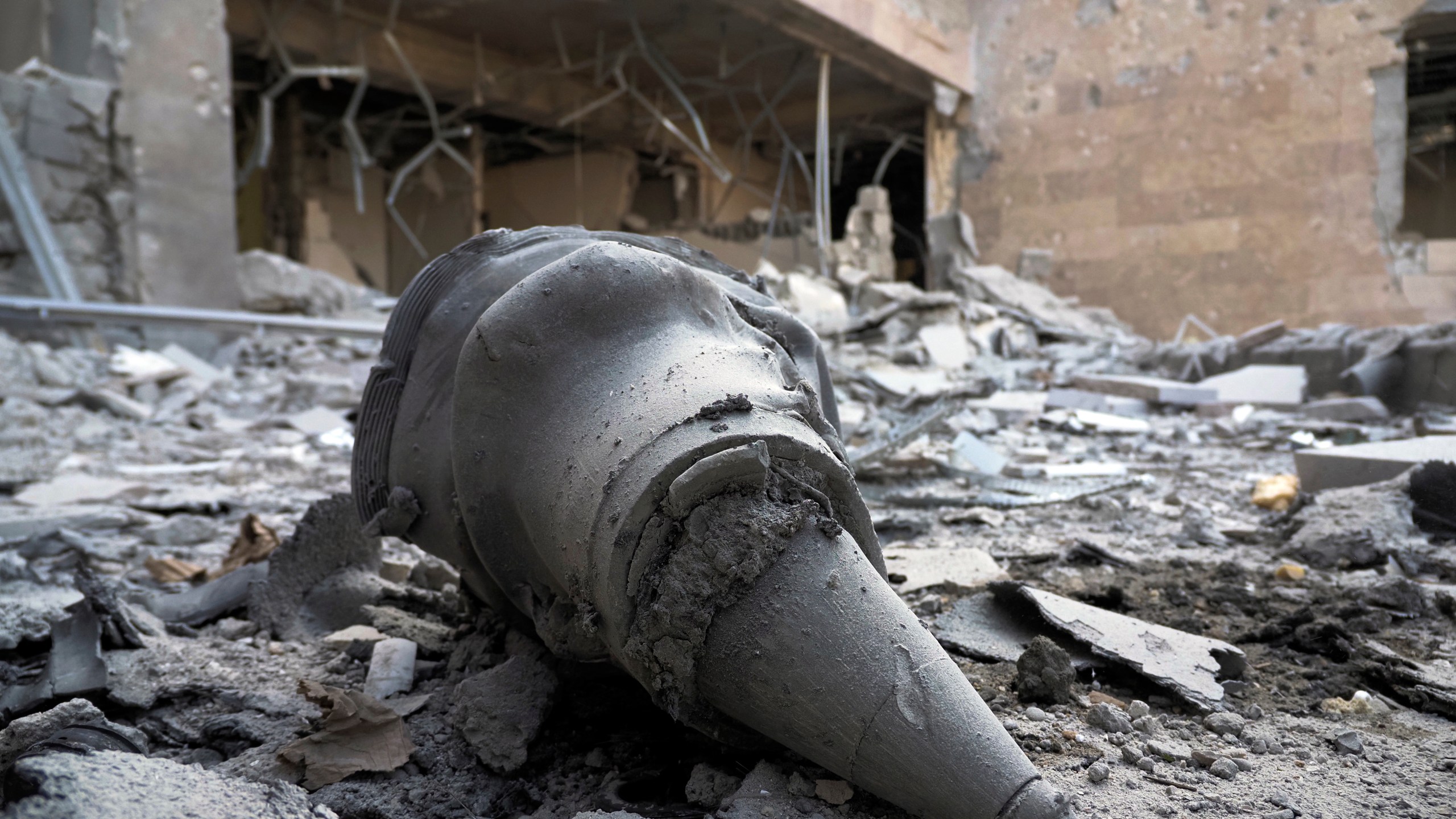 A rocket front fragment lies at a newly built natal center damaged by shelling by Azerbaijan's artillery in Stepanakert, the separatist region of Nagorno-Karabakh, on Oct. 28, 2020. (Associated Press)