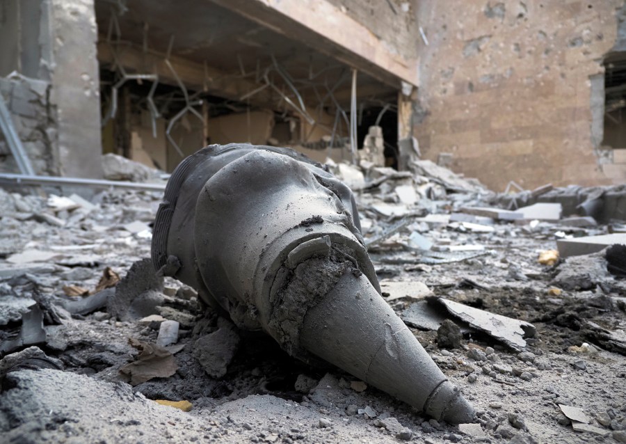 A rocket front fragment lies at a newly built natal center damaged by shelling by Azerbaijan's artillery in Stepanakert, the separatist region of Nagorno-Karabakh, on Oct. 28, 2020. (Associated Press)