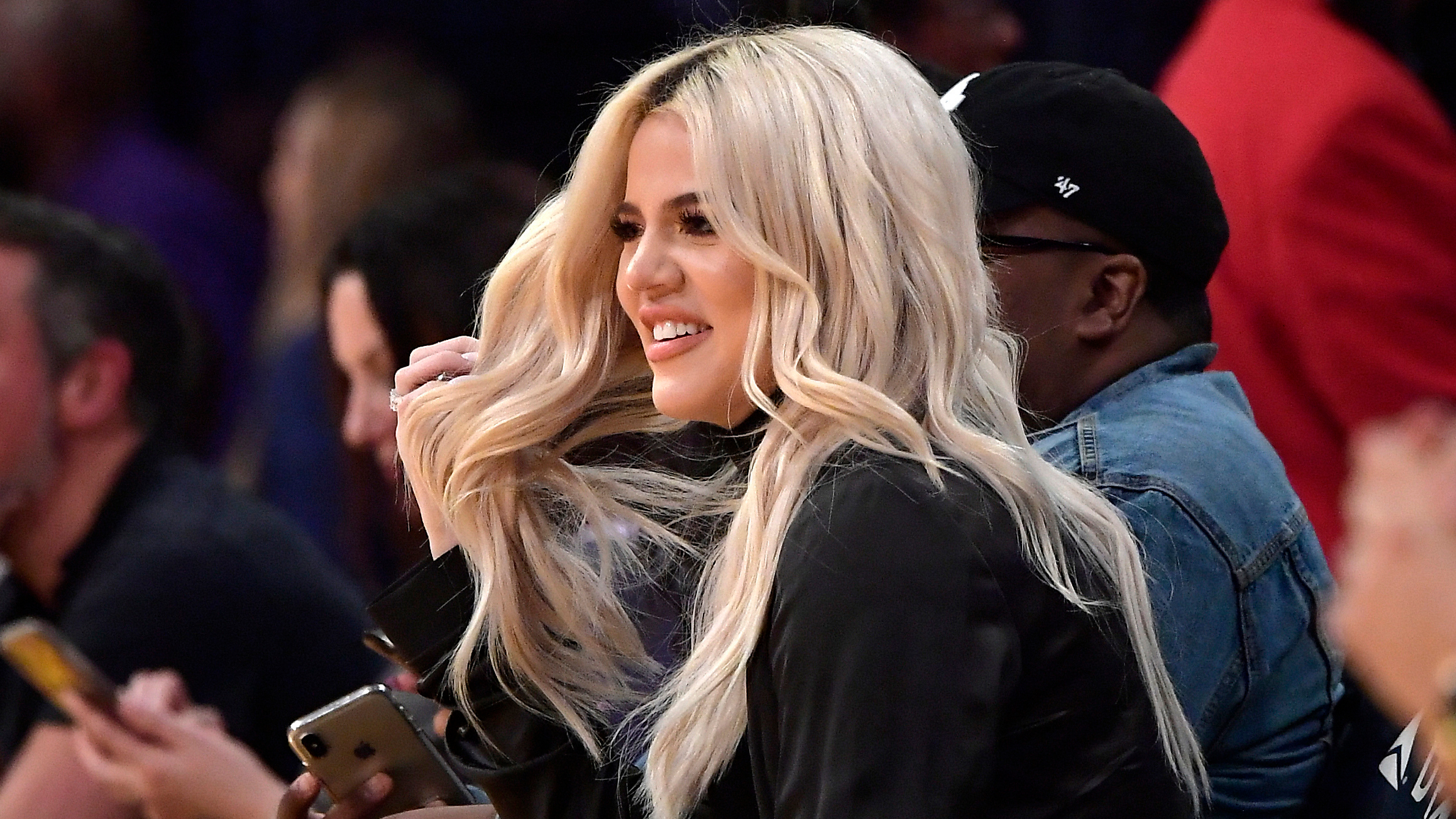 Khloe Kardashian watches during the second half of an NBA game between the Los Angeles Lakers and Cleveland Cavaliers at Staples Center on Jan. 13, 2019. (Mark J. Terrill / Associated Press)