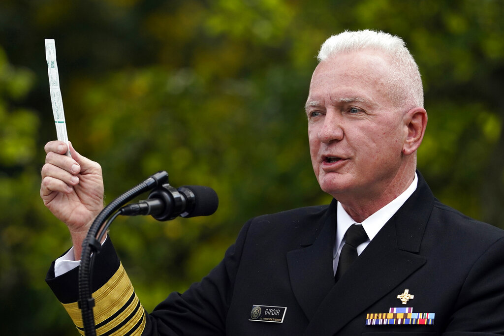 In this Sept. 28, 2020, file photo, Adm. Brett Giroir, assistant secretary of Health and Human Services, holds a swab manufactured by Puritan Medical Products as he talks about a new COVID-19 test during a event with President Donald Trump about coronavirus testing in the Rose Garden of the White House in Washington. (AP Photo/Evan Vucci, File)