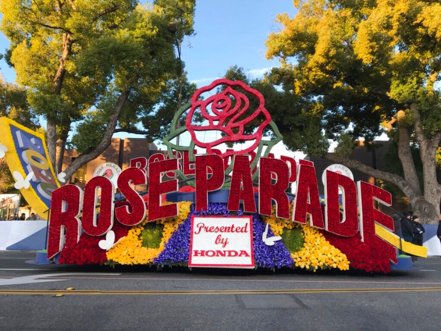 In this Jan. 1, 2020, file photo a 2020 Rose Parade float is seen at the start of the route at the 131st Rose Parade in Pasadena.(AP Photo/Michael Owen Baker, File)