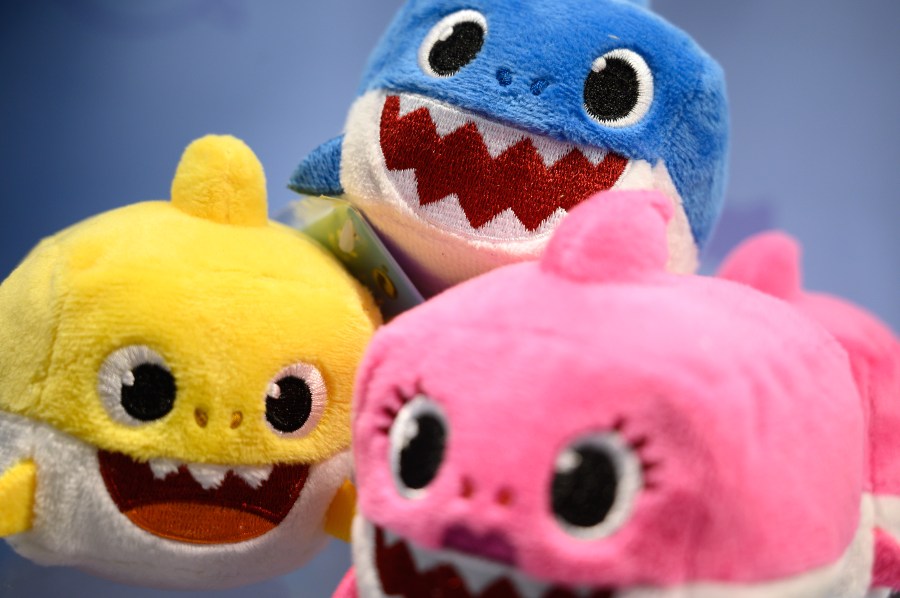 A selection of "Baby Shark" toys are seen on a display at the annual "Toy Fair" at Olympia London on January 22, 2019 in London, England. (Leon Neal/Getty Images)