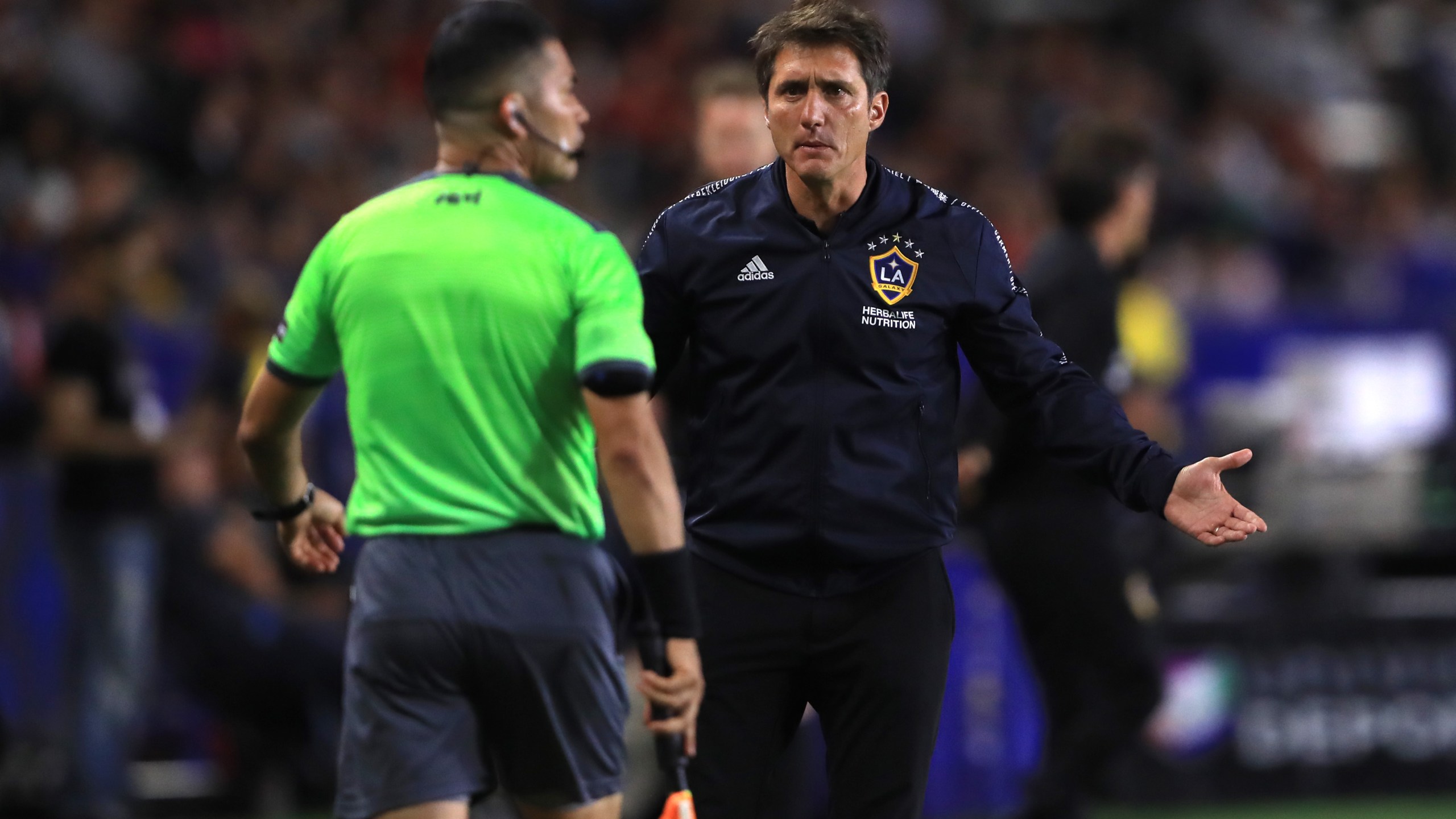 Manager Guillermo Barros Schelotto of the Los Angeles Galaxy disputes a call during the quarterfinal match of the 2019 Leagues Cup against Tijuana at Dignity Health Sports Park on July 23, 2019, in Carson, California. (Sean M. Haffey/Getty Images)