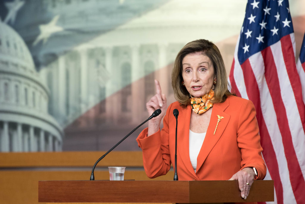 In this file photo, Speaker of the House Nancy Pelosi (D-CA) holds a weekly press conference at the Capitol on September 24, 2020 in Washington, DC. Pelosi paid tribute to Supreme Court Justice Ruth Bader Ginsburg saying the late justice will be the first woman as well as the first Jewish person to lay in state.tomorrow. (Photo by Liz Lynch/Getty Images)