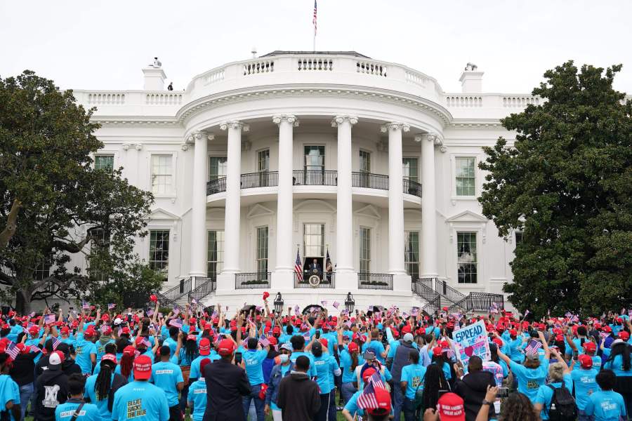 Donald Trump speaks about law and order to supporters from the South Portico of the White House in Washington, D.C., on Oct. 10, 2020. (MANDEL NGAN/AFP via Getty Images)