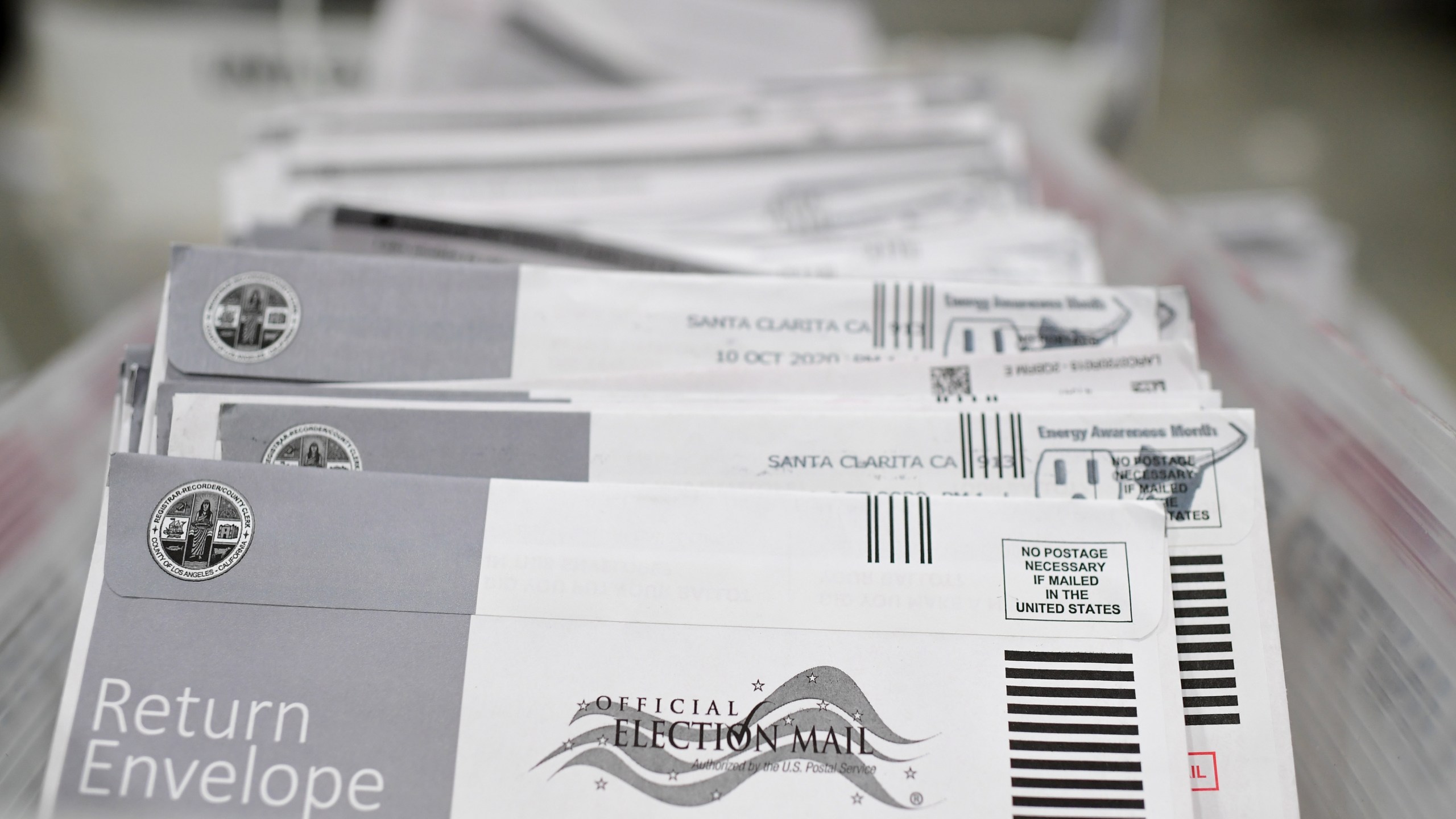 Mail-in ballots in their envelopes await processing at the Los Angeles County Registrar Recorders' mail-in ballot processing center at the Pomona Fairplex on Oct. 28, 2020. (Robyn Beck / AFP / Getty Images)