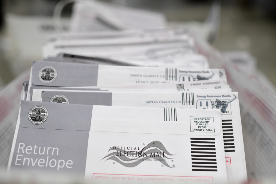 Mail-in ballots in their envelopes await processing at the Los Angeles County Registrar Recorders' mail-in ballot processing center at the Pomona Fairplex on Oct. 28, 2020. (Robyn Beck / AFP / Getty Images)