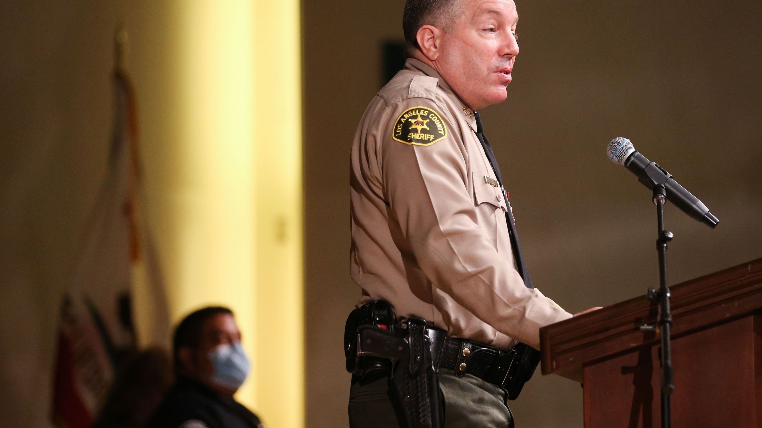 Los Angeles County Sheriff Alex Villanueva speaks at the graduation ceremony for Los Angeles County Sheriff's Department Academy Class 451 at East Los Angeles College amid the COVID-19 pandemic on August 21, 2020 in Monterey Park. (Mario Tama/Getty Images)