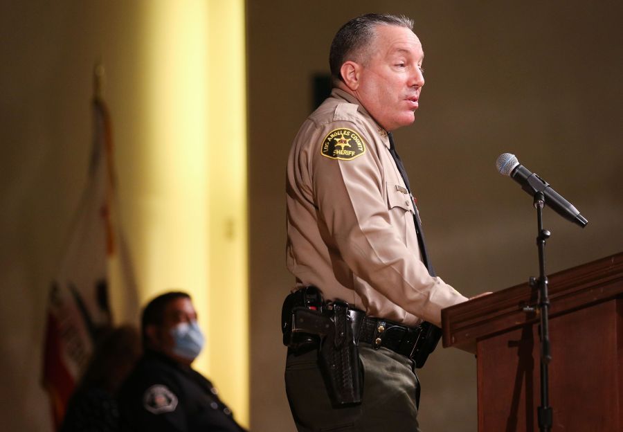 Los Angeles County Sheriff Alex Villanueva speaks at the graduation ceremony for Los Angeles County Sheriff's Department Academy Class 451 at East Los Angeles College amid the COVID-19 pandemic on August 21, 2020 in Monterey Park. (Mario Tama/Getty Images)