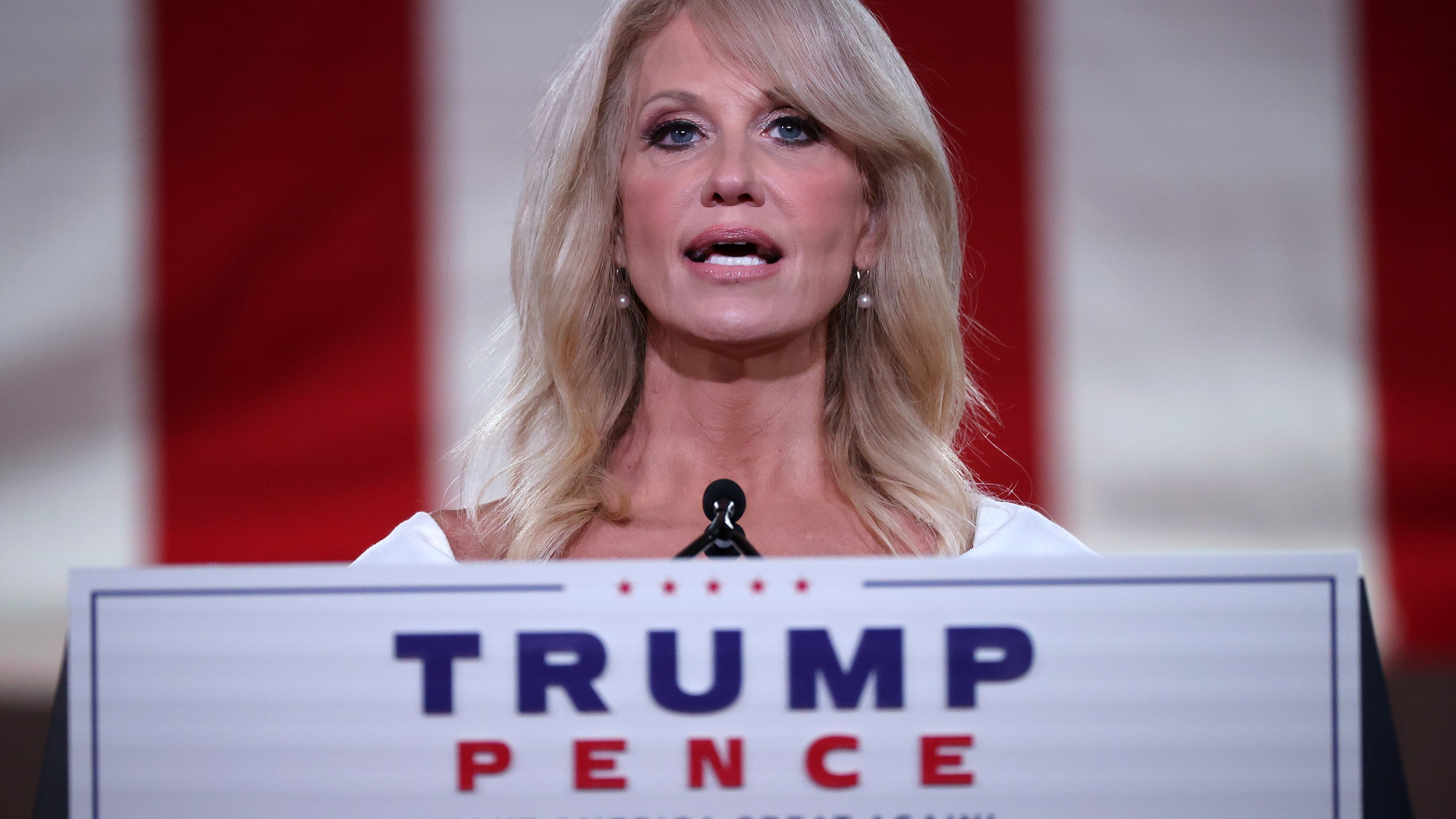 White House Counselor to the President Kellyanne Conway pre-records her address to the Republican National Convention from inside an empty Mellon Auditorium on Aug. 26, 2020 in Washington, DC. (Chip Somodevilla/Getty Images)