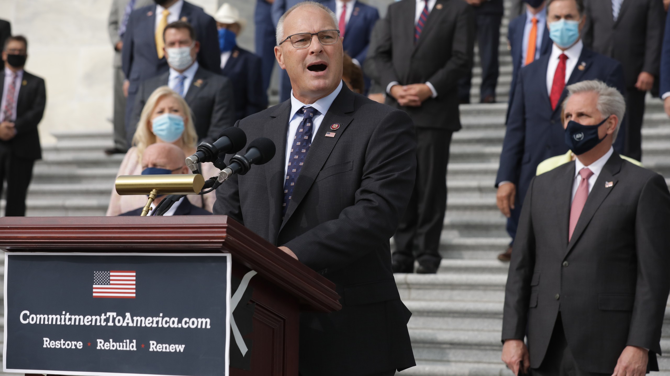 U.S. Rep. Pete Stauber (R-MN) joins fellow House Republicans while introducing their proposed legislative agenda, called the "Commitment to America," on the East Steps of the House of Representatives Sept. 15, 2020 in Washington, D.C. (Chip Somodevilla/Getty Images)