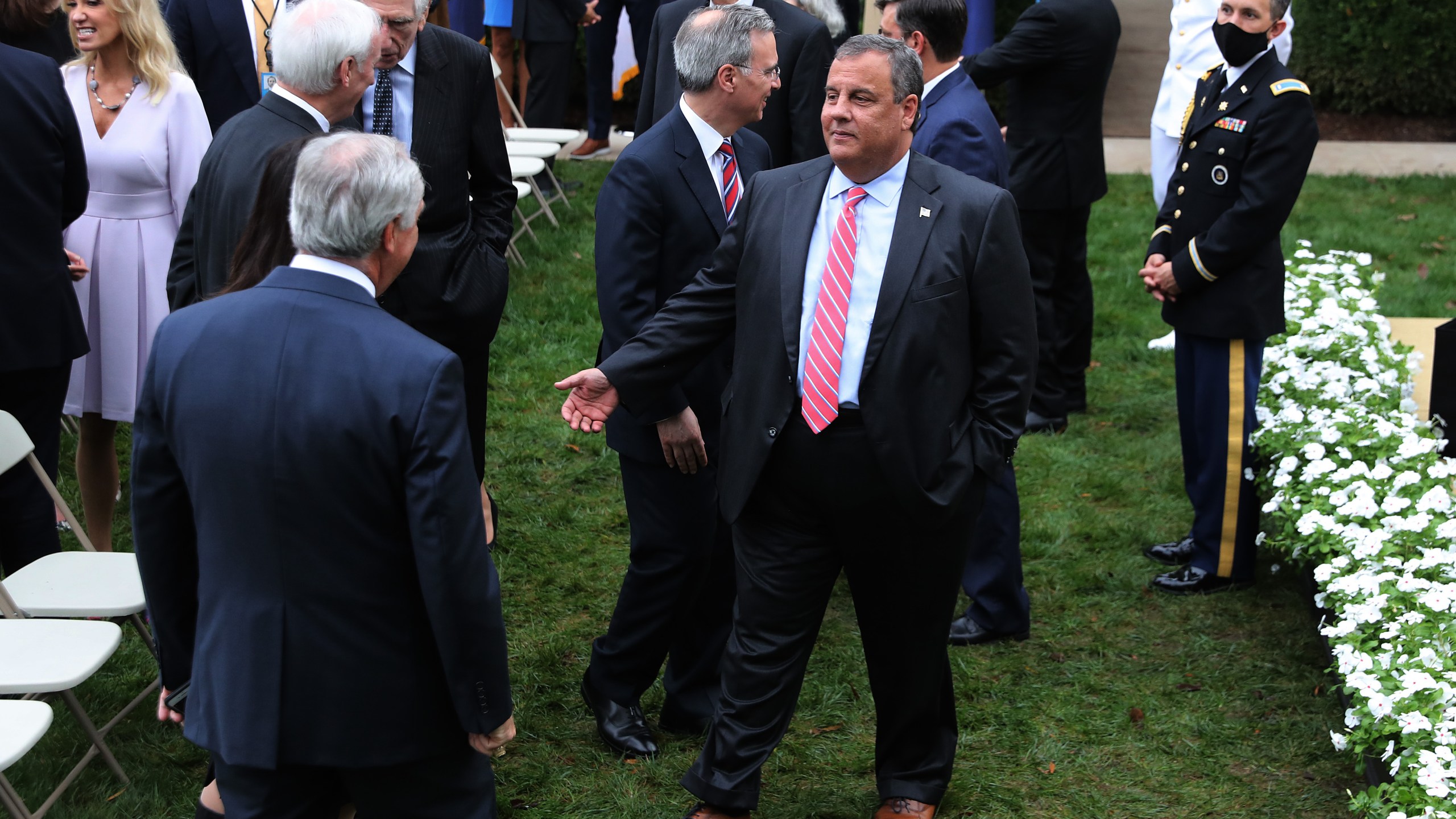 Former New Jersey Gov.Chris Christie, center, talks with guests in the Rose Garden after President Donald Trump introduced 7th U.S. Circuit Court Judge Amy Coney Barrett as his nominee to the Supreme Court at the White House Sept. 26, 2020 in Washington, D.C. (Chip Somodevilla/Getty Images)