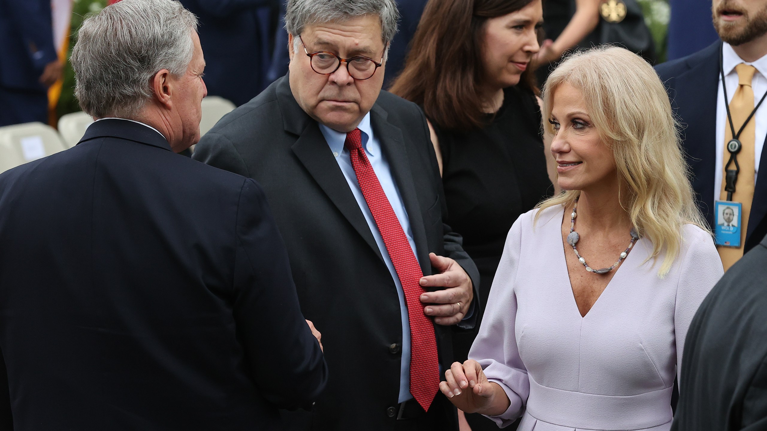 White House Chief of Staff Mark Meadows, Attorney General William Barr and Counselor to the President Kellyanne Conway talk in the Rose Garden after President Donald Trump introduced 7th U.S. Circuit Court Judge Amy Coney Barrett, 48, as his nominee to the Supreme Court at the White House on Sept. 26, 2020, in Washington, D.C. With 38 days until the election, Trump tapped Barrett to be his third Supreme Court nominee in just four years and to replace the late Associate Justice Ruth Bader Ginsburg, who will be buried at Arlington National Cemetery on Tuesday. (Chip Somodevilla/Getty Images)